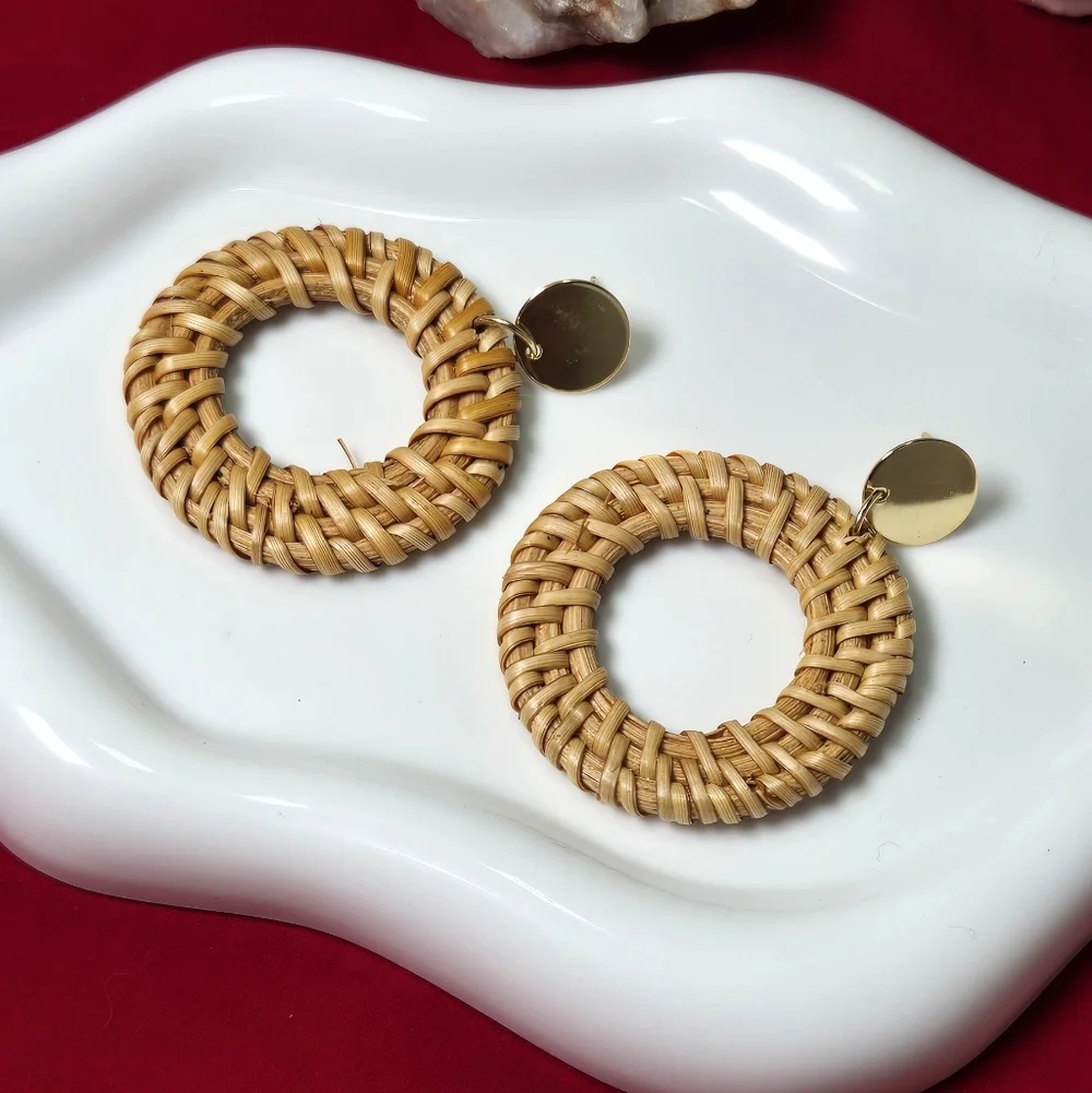 Woven Rattan Hoop Earrings Gold Disc Stud Boho Coastal Resort Statement Jewelry
